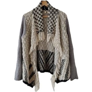 Moth Anthropologie Amba Fringe Open Front Cardigan Off White Black Grey Sz S